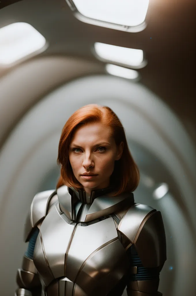 This is an image of a woman wearing a silver and blue armored suit. The suit has a high collar and shoulder pads, and there is a blue light on the left side of the chest. The woman has short red hair and green eyes, and she is looking at the viewer with a serious expression. She is standing in a brightly lit tunnel, and there are several lights in the background.