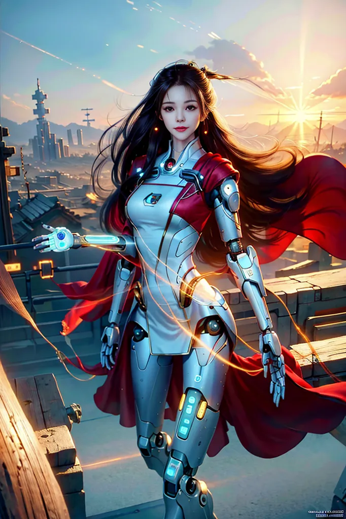 This is an image of a female cyborg standing on a rooftop. She is wearing a white and red bodysuit with a long red cape. She has long black hair and blue eyes. Her right arm is made of metal, and she has a glowing blue orb in her left hand. The background is a cityscape with a sunset.