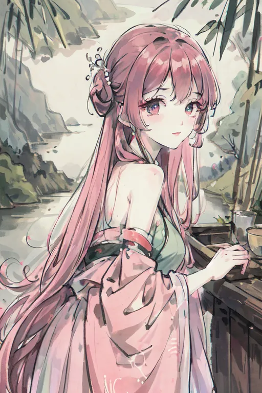 The image is a painting of a young woman in a pink dress. She has long pink hair and purple eyes. She is standing in a bamboo forest, holding a cup of tea. There is a river in the background. The painting is done in a realistic style, and the colors are vibrant and lifelike.