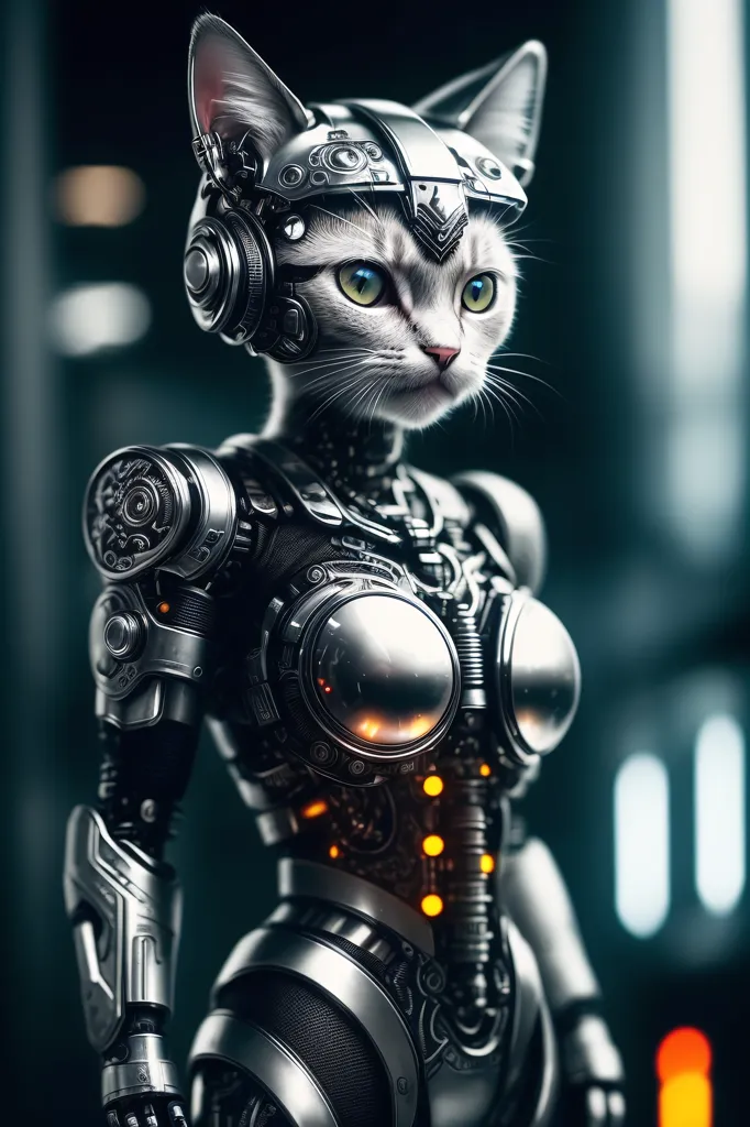 The image shows a cat-like robot. It has a white and gray fur, and is wearing a silver and black armor. The armor has orange lights on it, and there are two large orange lights on the chest. The robot is also wearing a pair of headphones. It is standing in a dark room, and there are lights in the background.