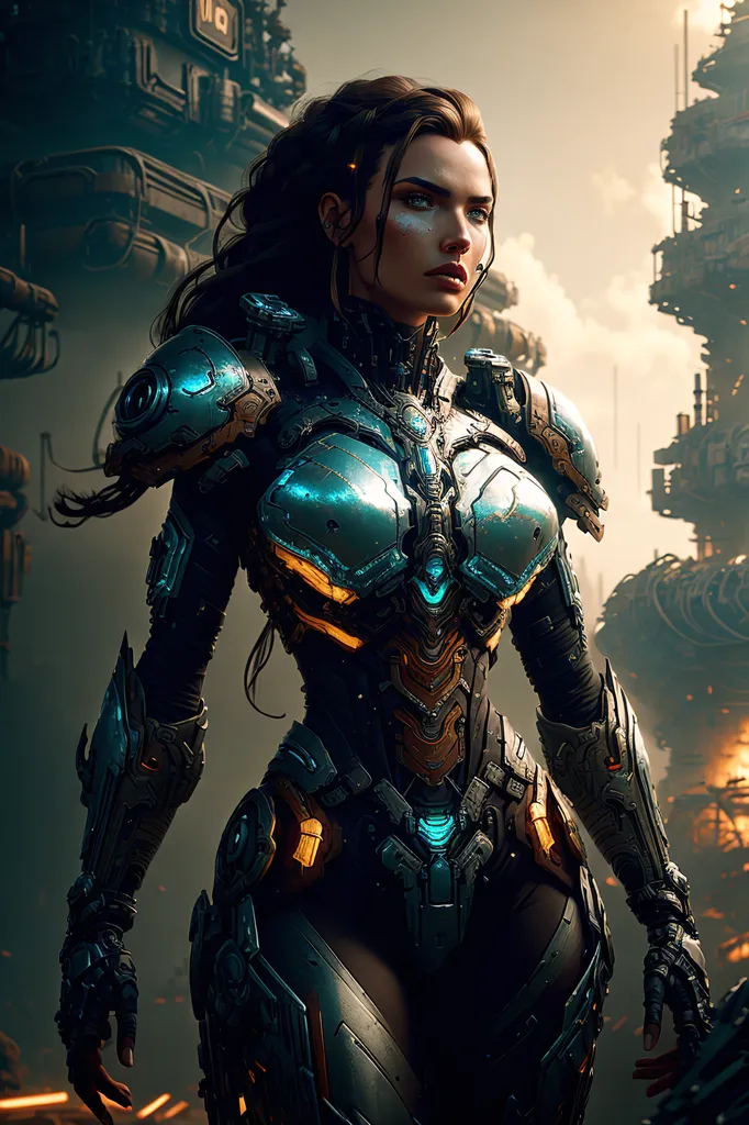 This is an image of a woman standing in a dark, industrial setting. She is wearing a futuristic suit of armor that covers her body from head to toe. The armor is blue and black, with glowing yellow lights on the chest and shoulders. The woman has long brown hair that is tied back in a ponytail. Her face is expressionless, and her eyes are a cold, steely blue. She is standing in a powerful pose, with her feet shoulder-width apart and her hands resting on her hips. The background of the image is a dark, industrial landscape. There are large buildings and machines in the distance, and the sky is dark and cloudy. The image is full of detail, and the artist has used a variety of techniques to create a realistic and immersive scene.