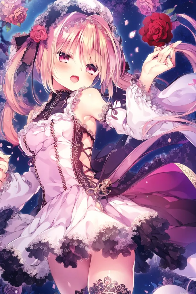 The image is of a young woman with long pink hair and purple eyes. She is wearing a white and pink dress with a black corset. She is also wearing a black choker and a rose is in her hair. She is standing in front of a dark blue background with a starry sky. There are also pink and red rose petals falling around her.