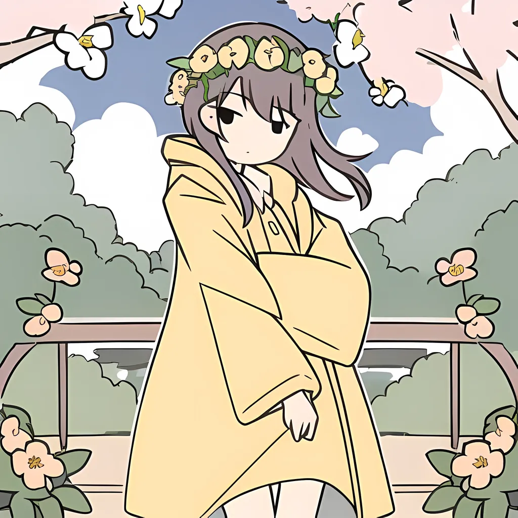 This is an illustration of a girl with mid-length dark brown hair. She is wearing a yellow raincoat and a flower crown. The girl is standing on a bridge, there are bushes with pink flowers on both sides. In the background, there are some trees and a blue sky with white clouds.