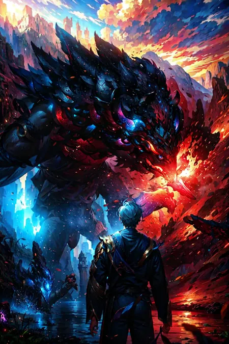 The image is of a man standing in front of a large black and red dragon. The man is wearing a black and blue outfit and has a sword in his hand. The dragon has its mouth open and is breathing fire. There are mountains in the background, and the sky is a bright orange and blue color.