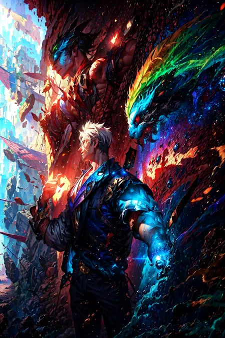 In the center of the image is a man with white hair and blue clothes. He has a determined expression on his face and is looking towards the viewer. He is surrounded by a blue aura. There is a large rock formation behind him. There are two other figures in the image. One is a man with red hair and black clothes. He is standing to the left of the man in white. He has a fierce expression on his face and is holding a sword. The other figure is a woman with green hair and white clothes. She is standing to the right of the man in white. She has a calm expression on her face and is holding a staff. The background of the image is a dark, stormy sky.