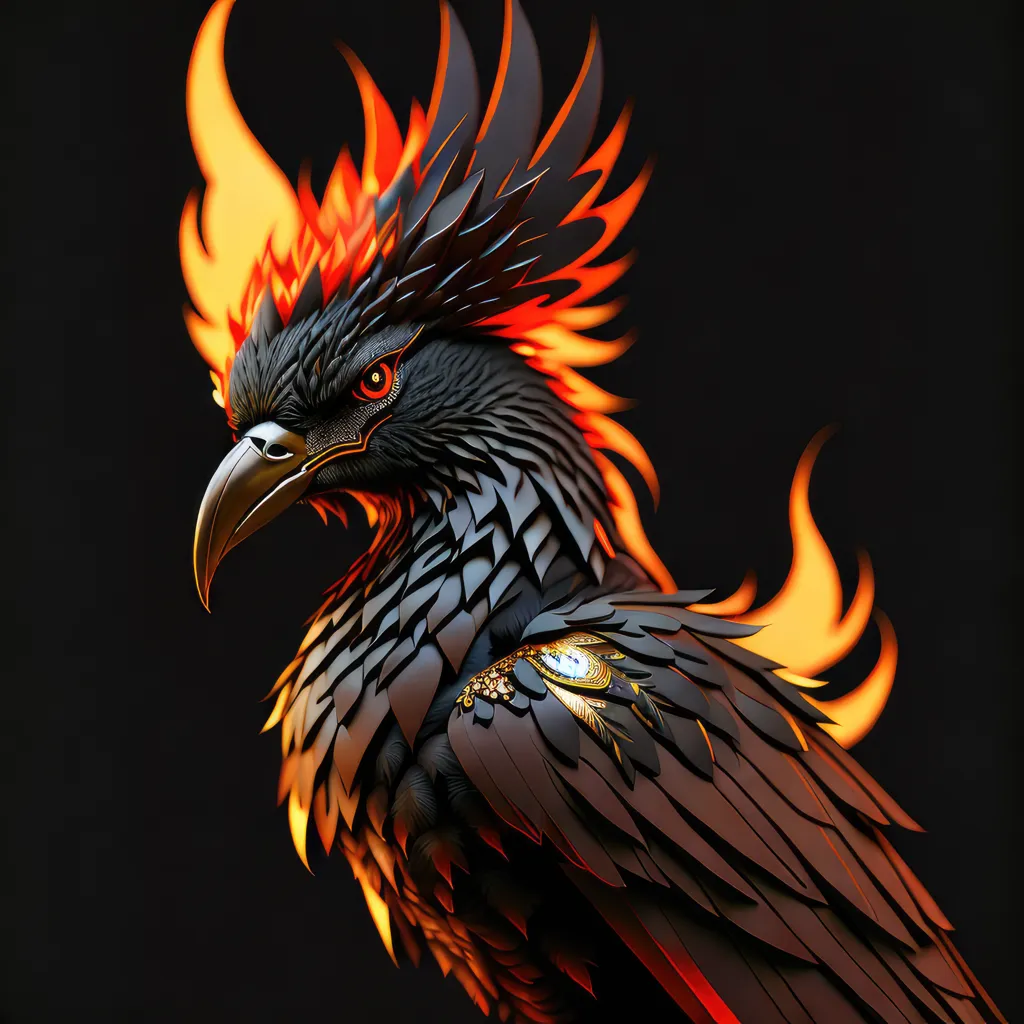 The image is a 3D rendering of a phoenix, a mythical bird that is said to be a symbol of hope and renewal. The phoenix is depicted as a large, majestic bird with black and gold feathers. It has a long, flowing tail and a crest of feathers on its head. The phoenix is surrounded by flames, which are a symbol of its power and strength. The image is set against a black background, which makes the phoenix stand out. The phoenix is looking to the left of the frame, which suggests that it is looking towards the future. The image is a powerful and evocative representation of the phoenix, and it is sure to leave a lasting impression on viewers.