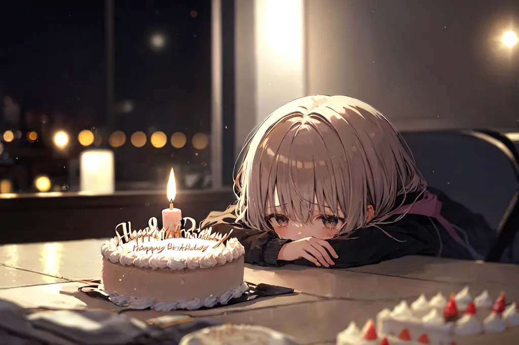 The image is of a girl with short blonde hair and purple eyes, sitting at a table with a birthday cake on it. The cake has a single lit candle on it, and there are other desserts on the table as well. The girl is resting her head on her arms and appears to be crying. There is a window in the background of the image, and it appears to be nighttime outside. The overall tone of the image is one of sadness and loneliness.