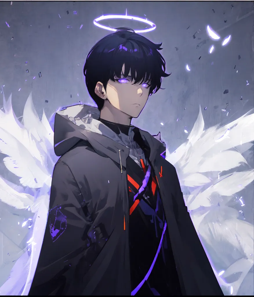 This is an image of a young man with black hair and purple eyes. He is wearing a black hoodie with a white cross on the front. He also has a halo above his head and white wings coming out of his back. He looks like he is ready to fight.