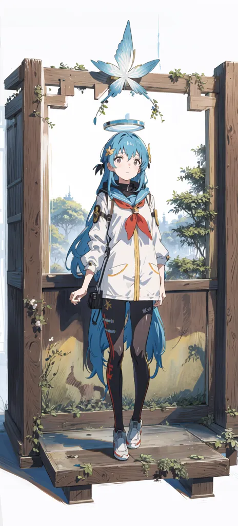 The image is a painting of a young woman standing in a wooden doorway. She is wearing a white jacket, a red scarf, and black pants. She has long blue hair and blue eyes. There is a butterfly on her head and there are plants growing around the doorway.