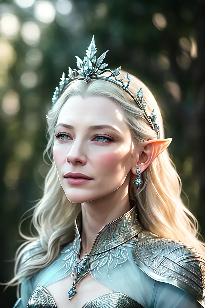 The image shows a beautiful woman with long blonde hair, blue eyes, and pointed ears. She is wearing a silver and blue dress with a crown on her head. The background is blurred and looks like a forest. She is an elf.