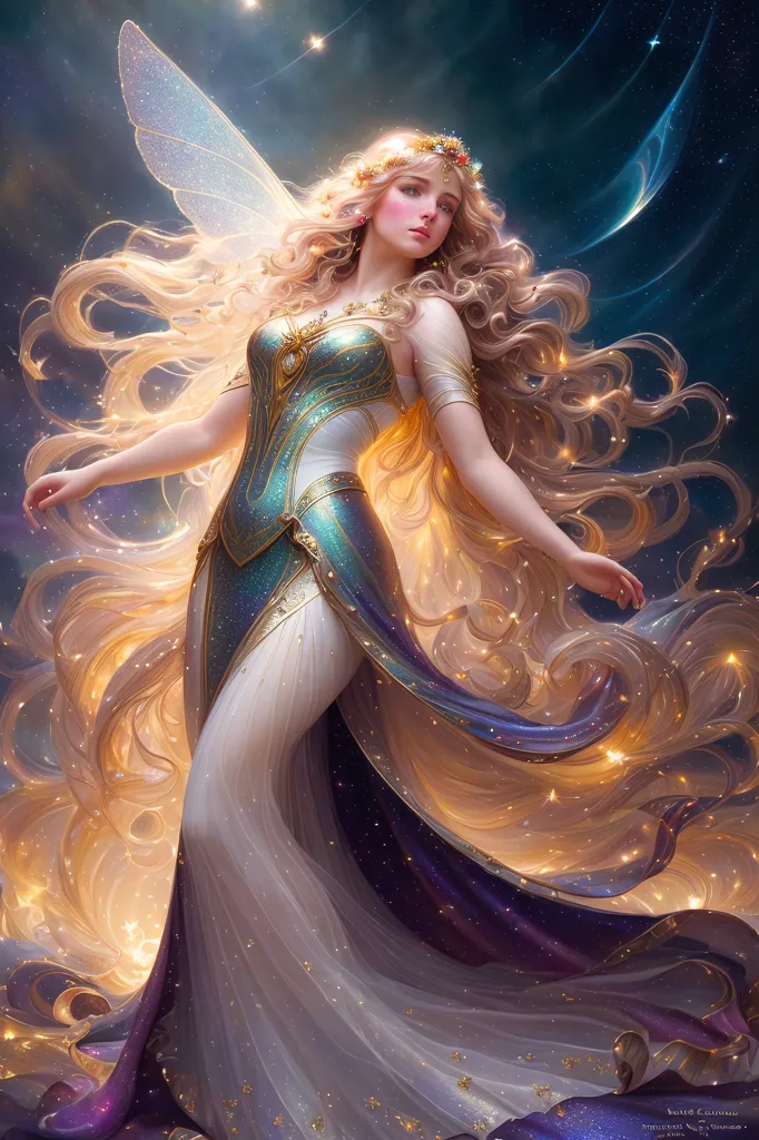 The image is of a beautiful fairy with long, flowing golden hair. She is wearing a white and gold dress with a blue sash. She has a pair of butterfly wings that are a light blue color, and she is barefoot. The fairy is standing in a forest, and there are flowers and plants all around her. She is smiling and looks happy. There is a bright light in the background, which suggests that the sun is shining. The image is very detailed, and the artist has used a lot of different colors to create a magical and ethereal scene.