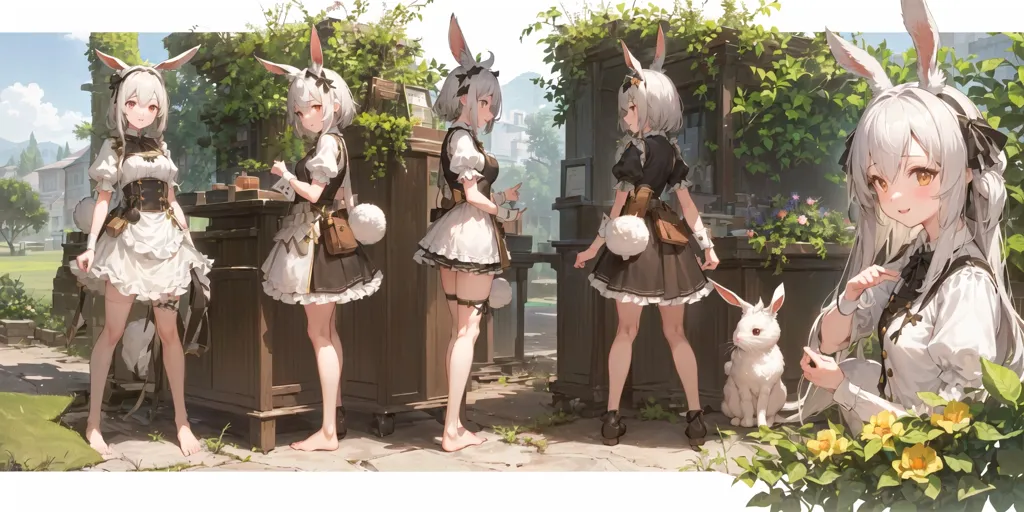 L'image montre une fille aux longs cheveux blancs et aux oreilles de lapin. Elle porte une tenue de bonne d'enfants blanche et brune avec un nœud papillon noir. Elle se tient dans un jardin avec un chemin de pierre et il y a un petit lapin blanc à côté d'elle. L'arrière-plan est un flou de plantes et de fleurs vertes.