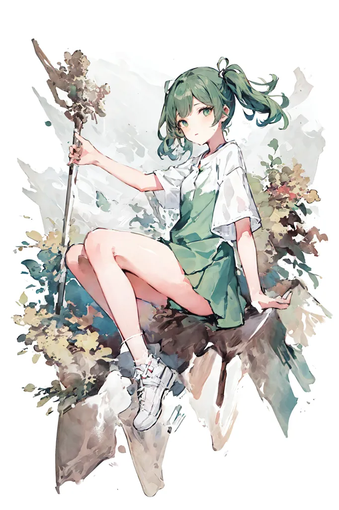 The image is a painting of a young woman with green hair and eyes. She is wearing a white shirt, a green skirt, and white sneakers. She is sitting on a rock in a forest, and she is holding a staff in her right hand. The staff is made of wood, and it has a green crystal at the top. The woman is looking at the viewer with a serious expression on her face. The painting is done in a realistic style, and the colors are vibrant and lifelike. The background is a blur of green and white, and it looks like the woman is sitting in a forest. The painting is very detailed, and the woman's hair and clothing are all rendered in great detail. The woman's expression is also very well captured, and she looks like she is about to cast a spell. The painting is a beautiful and well-done piece of art, and it is sure to please fans of fantasy art.