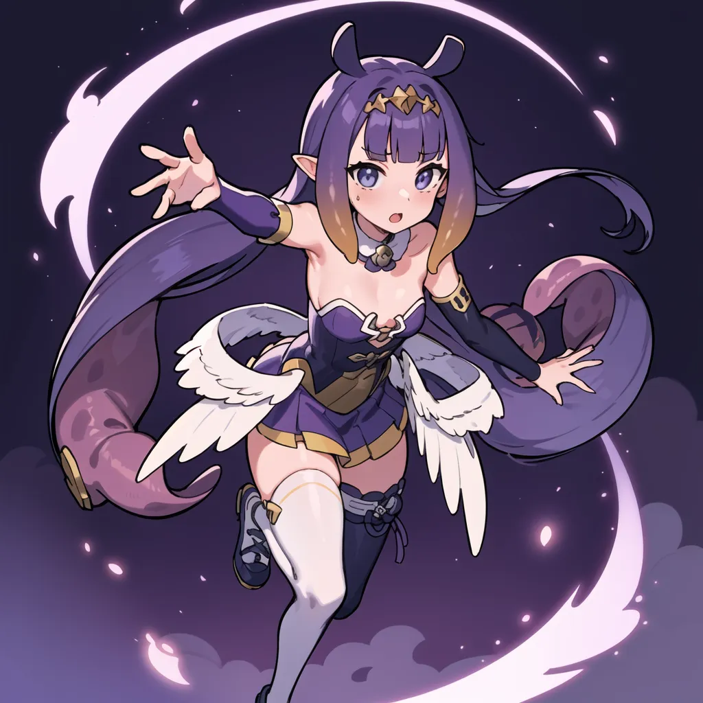 This is an image of a young woman with purple hair and eyes. She is wearing a purple and blue outfit with a white collar and has a pair of angel wings on her back. She is also wearing a pair of white boots and has a purple gem on her forehead. She is standing in a dark purple void with a starry background and has her arms outstretched.