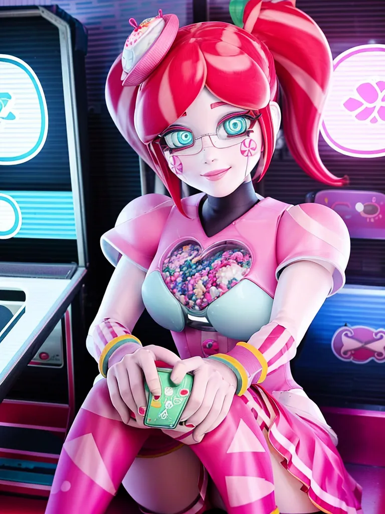 This is an image of a pink-haired anime girl. She is wearing a pink and white outfit and has blue eyes. She is sitting in a room with a lot of colorful lights. There are video game machines in the background. The girl is holding a phone and has a pink heart-shaped candy container on her chest. She is also wearing glasses.