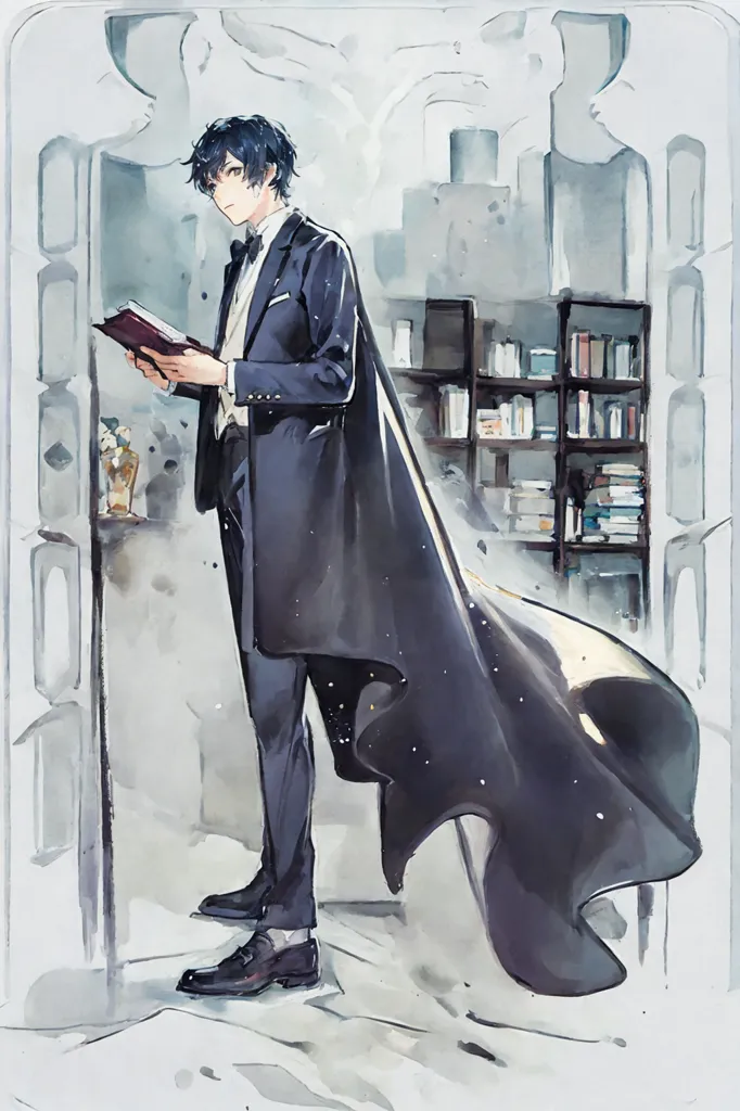 The picture shows a young man in a suit and cape. He is standing in a library, reading a book. The library is full of bookshelves, and there is a large window in the background. The man is wearing a white shirt, black suit jacket, pants, and shoes. His cape is black and lined with white. He has short black hair and blue eyes. He is holding a book in his left hand. The book is open, and he is reading it intently. He is standing in a relaxed pose, with his left foot crossed behind his right foot. The library is quiet, and the man is alone.