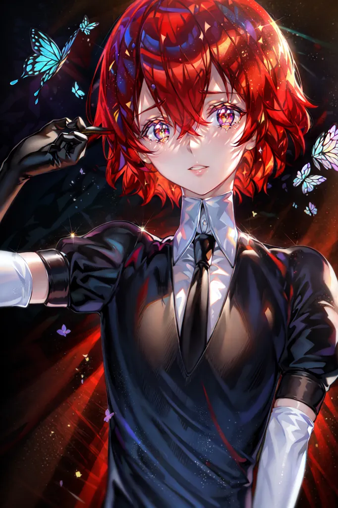 This is an image of a young woman with mid-length red hair. She is wearing a black dress shirt with a white collar and black tie. The image is drawn in an anime style, and the woman is depicted with large, expressive eyes and a slightly open mouth. She is standing in a dark room, with a few butterflies fluttering around her. The woman's expression is one of slight sadness or resignation.