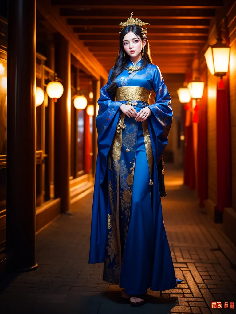 The image shows a woman wearing a blue and gold hanfu with a golden headpiece. The hanfu has intricate golden floral embroidery. She is standing in a dark room with red lanterns hanging from the ceiling. The floor is made of stone tiles.