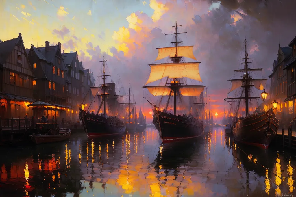 The image is a painting of a harbor at sunset. The sky is a gradient of orange, yellow, pink, and blue. The clouds are white and fluffy. The sun is setting behind the buildings on the right. There are many ships in the harbor, all of which are wooden and have sails. The ships are mostly brown and black. There are buildings on the left side of the harbor. The buildings are mostly made of wood and have white walls and brown roofs. There are people walking around on the docks. There are also a few people on the ships. The water in the harbor is calm and still. The painting is very realistic and looks like a photograph.