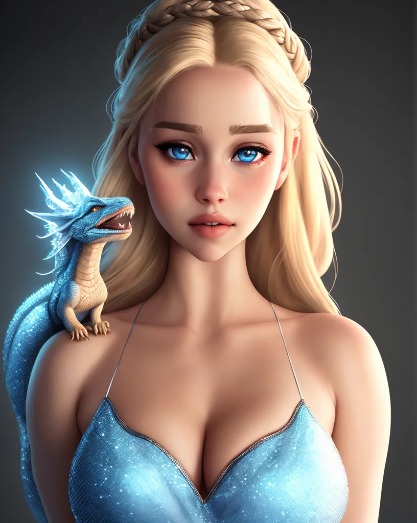 The image is of a beautiful woman with long blonde hair and blue eyes. She is wearing a blue dress with a plunging neckline and is looking at the viewer with a serious expression. A small blue dragon with white details is perched on her shoulder. The background is dark grey.