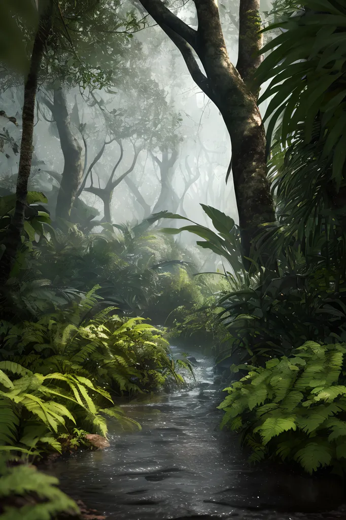 This is a picture of a jungle. The jungle is very dense and there are many different types of plants and trees. The trees are tall and have large leaves. The plants are green and lush. There is a river running through the jungle. The water is clear and you can see the reflection of the trees and plants in the water. There is a small waterfall in the background. The sun is shining through the trees and creating a beautiful pattern on the ground.