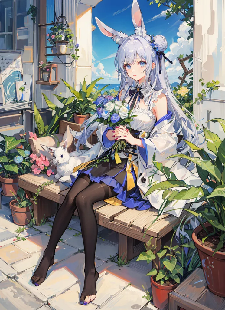 A imagem é de uma bela garota de anime com cabelos brancos longos e orelhas de coelho. Ela está usando um vestido branco com uma faixa azul e meias pretas. Ela está sentada em um banco em um jardim, cercada por flores e plantas. Há um coelho branco sentado ao seu lado. A garota está segurando um buquê de flores azuis e brancas. Ela tem um sorriso suave no rosto e seus olhos estão fechados. A imagem é muito pacífica e serena.