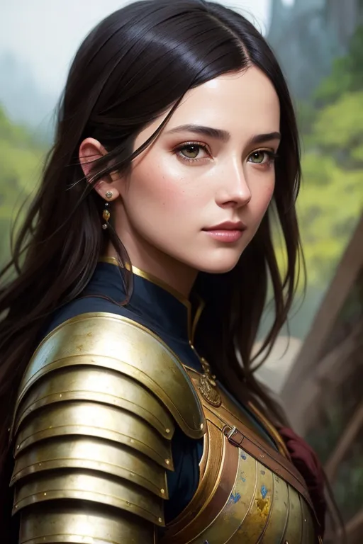 The image is a portrait of a young woman with long dark hair, light green eyes, and a fair complexion. She is wearing a suit of armor that is gold with blue and red accents. The armor has intricate detailing and appears to be made of metal. The woman's hair is pulled back in a ponytail and she has a determined expression on her face. She is standing in front of a blurred background of trees.