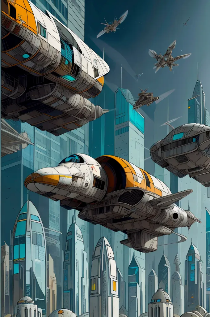 The image is a vertical science fiction cityscape. There are many tall buildings in the city, and they are all very close together. The buildings are made of metal and glass, and they are all very tall. There are also many flying cars in the city, and they are all flying around very quickly. The image is very detailed, and it is clear that the artist put a lot of thought into it.