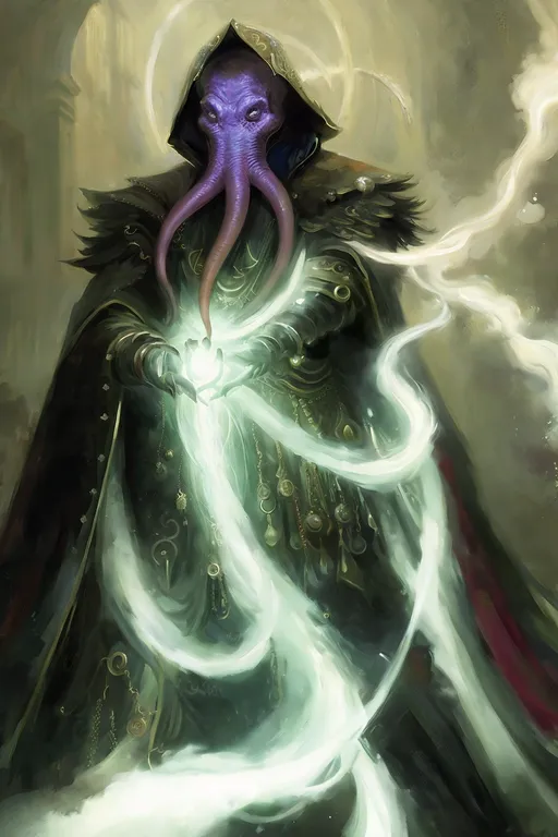 The image shows a tall, humanoid figure with purple skin and an octopus-like head. The figure is wearing a dark robe with golden trim, and it has a glowing white orb in its hand. It is standing in a ruined city, and there are several tentacles extending from its body.