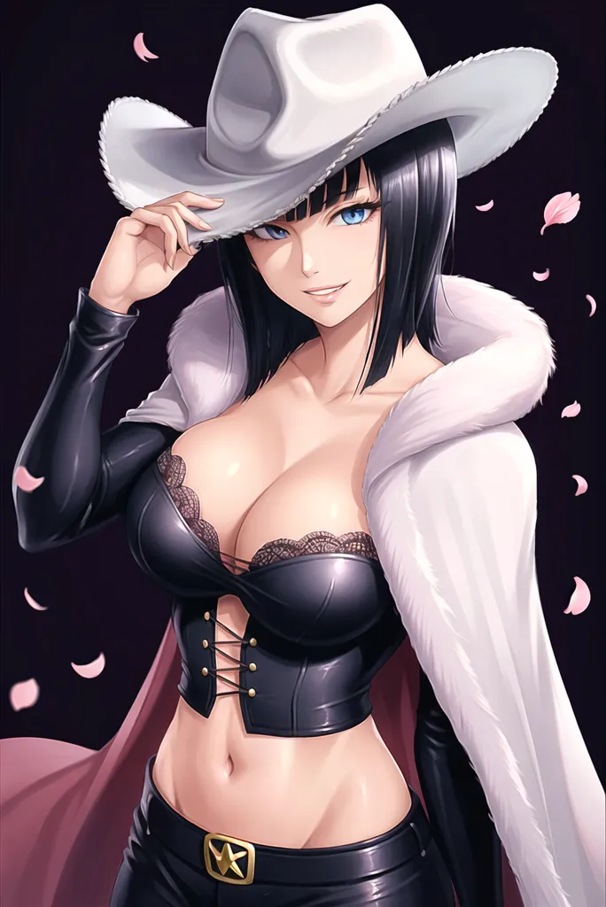 The image is of a woman with black hair and blue eyes. She is wearing a white cowboy hat, a black leather corset, and a white fur coat. She has a confident smile on her face and is holding her hat with one hand. There are pink flower petals falling around her.