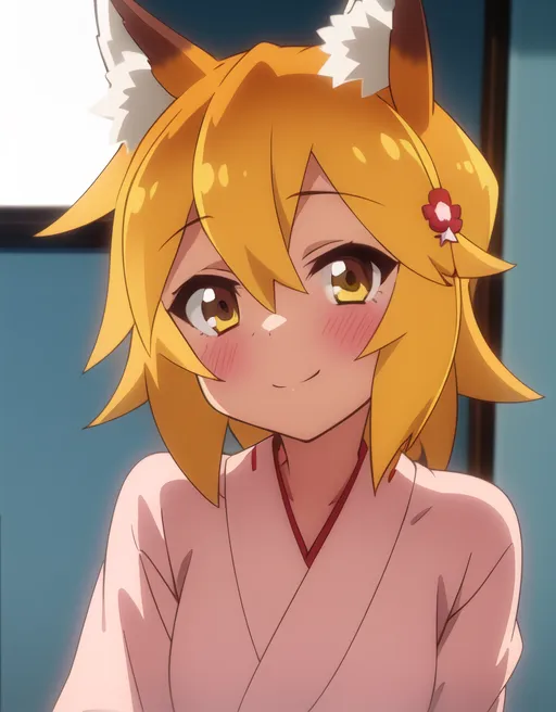 The image contains a young woman with fox ears and a tail. She has long, golden hair and yellow eyes. She is wearing a pink kimono with a white obi. She has a flower hairpin in her hair. She is smiling and blushing. The background is a traditional Japanese room with a paper screen.