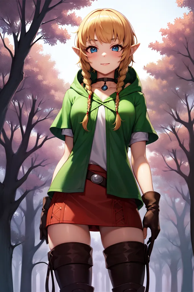 L'image représente une fille elfe de style anime aux longs cheveux blonds et aux yeux bleus. Elle porte une tunique verte avec une chemise blanche en dessous, une ceinture marron et une paire de bottes marron. Elle a également un carquois de flèches dans le dos et un arc à la main. Elle se tient debout dans une forêt, avec des arbres et des feuilles en arrière-plan.