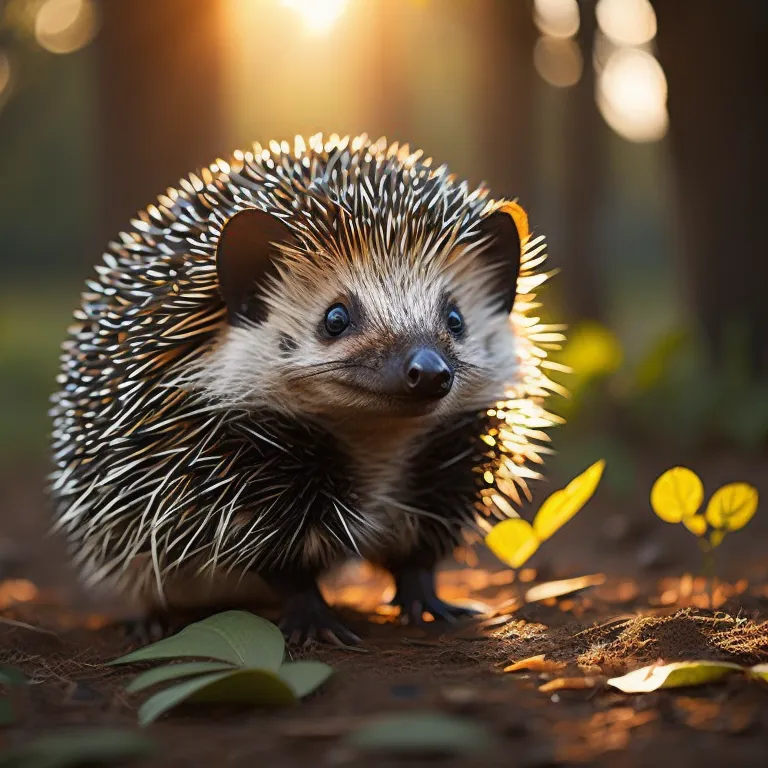 The image shows a hedgehog in the forest. The sun is shining through the trees and creating a warm, dappled light on the ground. The hedgehog is sitting on a bed of leaves and looking up at the camera. It has a curious expression on its face and its ears are perked up. Its fur is brown and white and its quills are sharp. The background of the image is blurry and consists of trees and leaves.