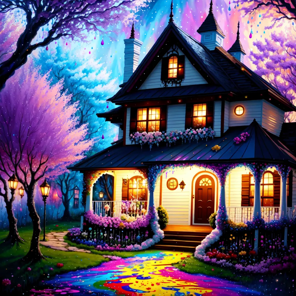 The image is a beautiful depiction of a house in a forest. The house is white with a black roof and has a porch with a swing. The trees in the forest are tall and colorful, and the leaves are a variety of colors, including pink, purple, and blue. The ground is covered in flowers, and there is a rainbow in the sky. The image is very peaceful and serene, and it evokes a sense of wonder and magic.