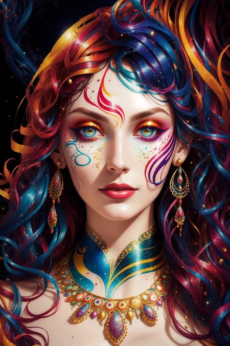 The image shows a woman with long, flowing hair that is a rainbow of colors. Her eyes are a deep blue and her lips are a soft pink. She is wearing a beautiful necklace and earrings. Her face is painted with intricate designs and she has a bindi on her forehead. She is wearing a colorful dress that is off the shoulder. The background is a dark blue.