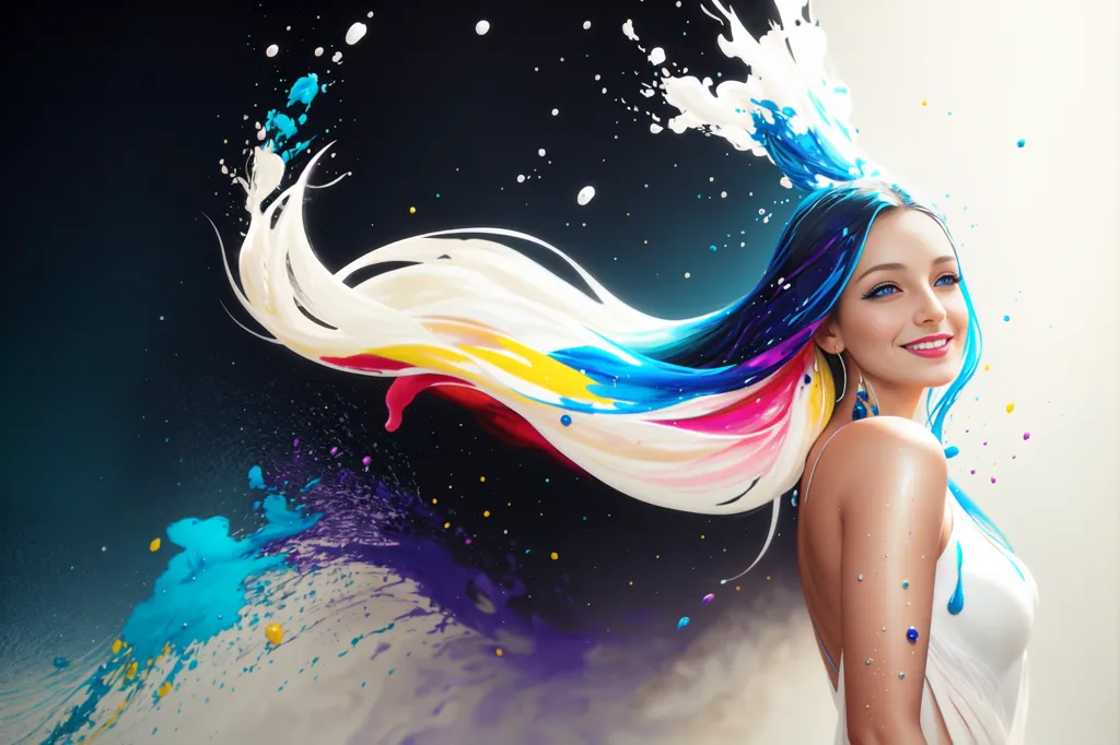 Esta es una imagen de una mujer con el cabello largo y ondulado. El cabello es un arcoíris de colores, con azul, verde, amarillo, rosa y morado. La mujer está sonriendo y tiene los ojos cerrados. Lleva un vestido blanco. El fondo es de color azul oscuro. Hay salpicaduras de pintura blanca y azul a su alrededor.