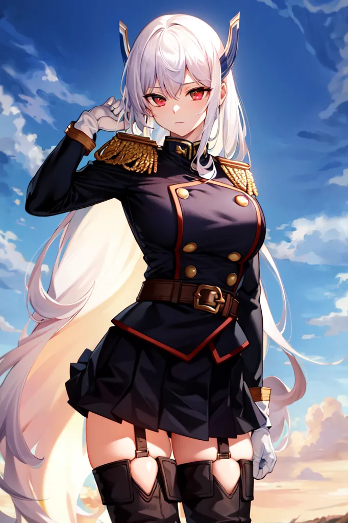 The image depicts a young woman with long white hair and red eyes. She is wearing a black military uniform with gold epaulettes and a red sash. She has a serious expression on her face and is looking at the viewer with her right hand raised to her temple. She is standing in front of a blue sky with white clouds.