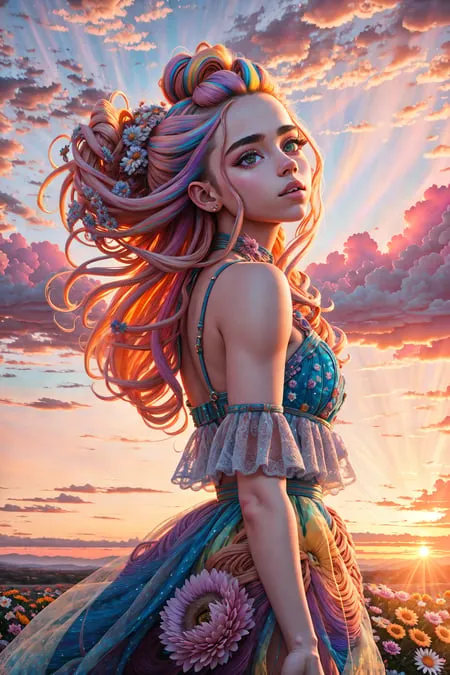 Cette image montre une belle femme aux longs cheveux ondulants qui sont un arc-en-ciel de couleurs. Elle porte une robe bustier qui est également un arc-en-ciel de couleurs et qui a des fleurs dessus. Elle se tient dans un champ de fleurs, avec un grand tournesol devant elle. Le soleil se couche en arrière-plan, projetant une douce lueur sur la scène. Le ciel est un dégradé de violet et de rose. La femme regarde vers la droite du cadre, ce qui accentue la définition de ses pommettes et de son nez. Elle a une expression pensive.