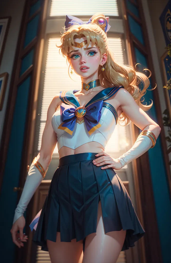 The image is of a young woman with long blonde hair and blue eyes. She is wearing a white and blue sailor-style outfit with a pleated skirt and a large blue bow on the front. She has a crescent moon-shaped tiara on her head and is wearing white gloves. She is standing in a room with a blue door behind her.