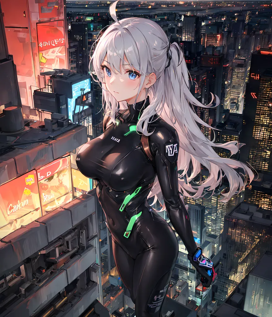 A imagem é de uma jovem mulher em pé no topo de um prédio em uma cidade futurista. Ela está usando um macacão preto e um rabo de cavalo branco. A cidade está cheia de edifícios altos e luzes brilhantes. A mulher está olhando para baixo na cidade com uma expressão confiante em seu rosto.