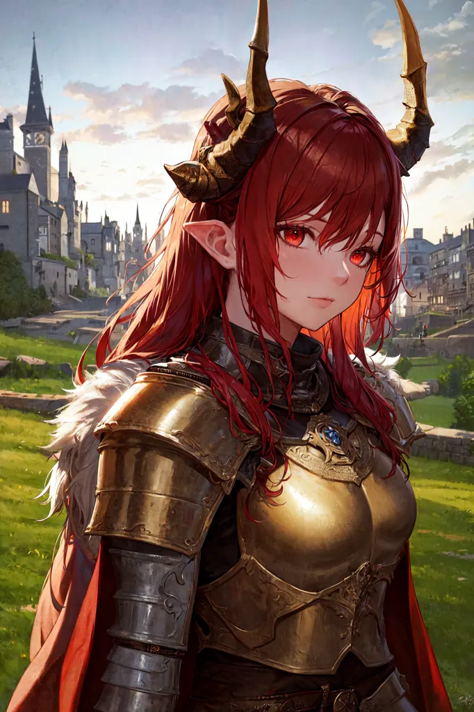 This image shows a red-haired anime girl with red eyes and small horns on her head. She is wearing golden armor and a red cape. She is standing in a field outside of a medieval town.