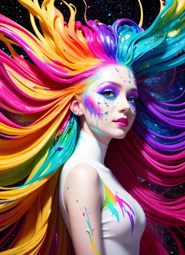 A imagem é um retrato de uma jovem mulher com cabelos longos e ondulados. O cabelo é um arco-íris de cores, com listras de vermelho, laranja, amarelo, verde, azul e roxo. A pele da mulher é pálida e perfeita, e seus olhos são de um azul profundo. Ela está usando um macacão branco com um colarinho alto. O fundo da imagem é um céu noturno azul escuro, cheio de estrelas. O cabelo da mulher está soprando ao vento, e ela tem uma expressão serena no rosto.