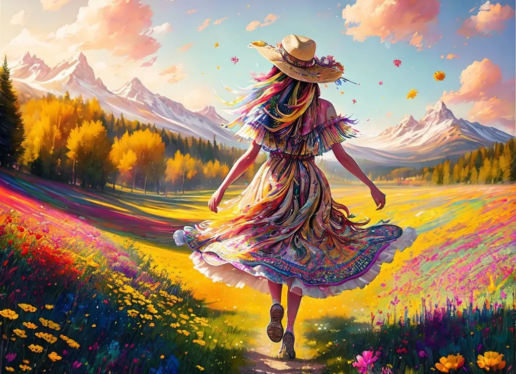 This image shows a woman wearing a colorful dress and a straw hat, walking through a field of flowers. The background of the image is a mountain range, with the peaks covered in snow. The sky is blue and there are some clouds. The woman is surrounded by colorful flowers and she has a happy expression on her face. She is wearing brown shoes and the bottom of her dress is white.