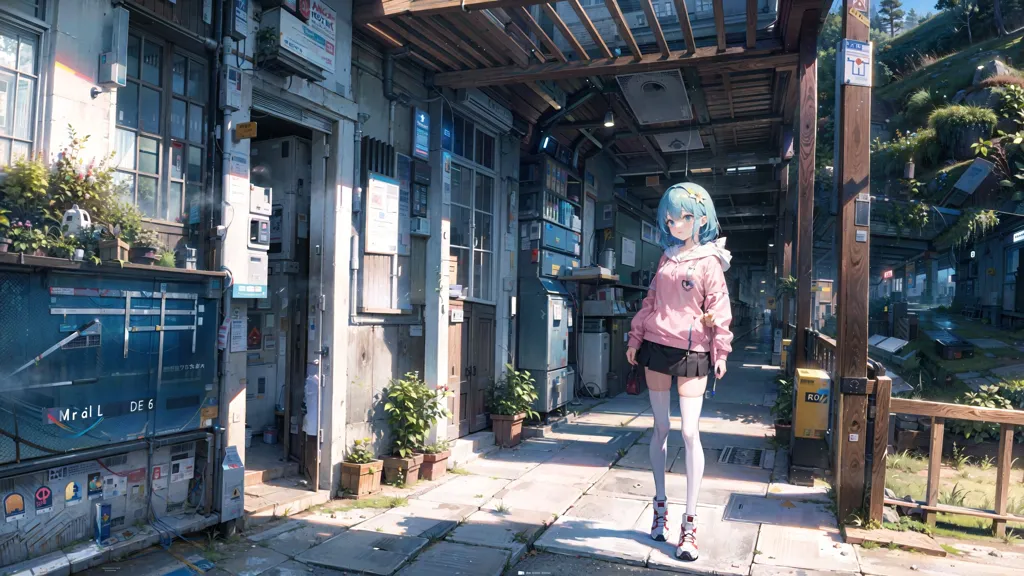 The image is an anime-style illustration of a girl standing in a narrow alleyway. The girl is wearing a pink hoodie, a white skirt, and black sneakers. She has blue hair and green eyes. The alleyway is lined with old buildings and there are plants growing in pots on the ground. The sky is blue and there are clouds in the distance.