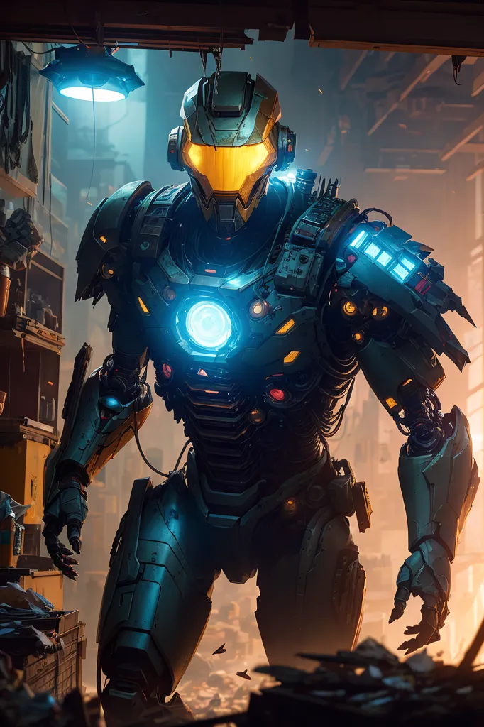 The image shows a man in a robotic suit. The suit is blue and gray with a glowing yellow arc reactor on the chest. The man is standing in a dark room with a broken window. There are boxes and debris scattered around the room. The man is looking at the camera with a determined expression.