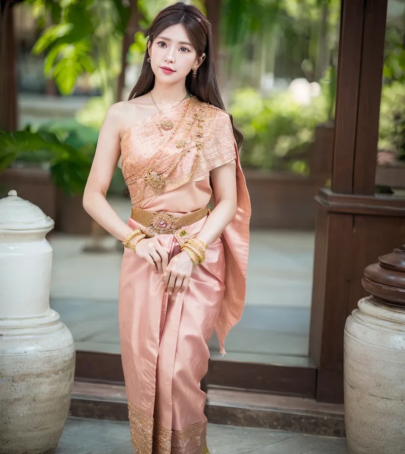 The image shows a young woman wearing a traditional Thai dress called a sabai. The sabai is a long piece of cloth that is wrapped around the body and secured with a belt. The woman is also wearing a traditional Thai hairstyle and jewelry.