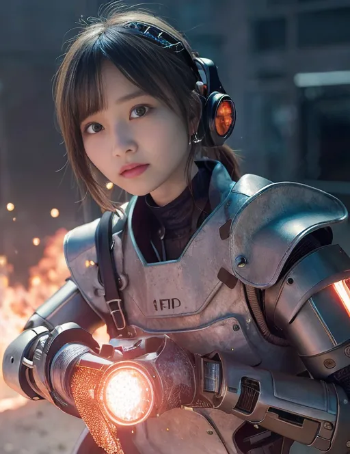 Ceci est une image d'une jeune femme portant une combinaison de combat futuriste. Elle a les cheveux courts bruns et les yeux bruns. Elle porte une combinaison noire et orange et un casque argenté avec des lumières orange sur les côtés. Elle porte également un casque audio. Elle se tient dans une pièce sombre avec une lumière orange en arrière-plan. Elle tient un pistolet dans sa main droite.