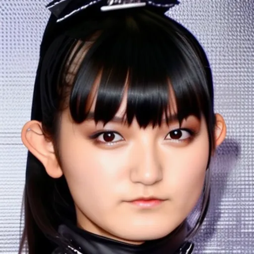 This is a photo of a young Japanese woman with long black hair and bangs. She is wearing a black headband with a white bow. Her eyes are dark brown and she has long, black eyelashes. Her nose is small and her lips are full. She is wearing a black leather jacket. The photo is taken from a slightly elevated angle, and the woman's expression is serious.