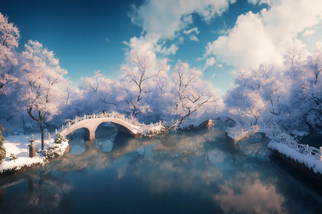 The image is a beautiful winter landscape. The sky is blue and cloudy, and the trees are covered in snow. There is a bridge in the middle of the image, and a person is walking on it. The water in the river is a deep blue and green, and the snow on the ground is pristine. The image is very peaceful and serene.