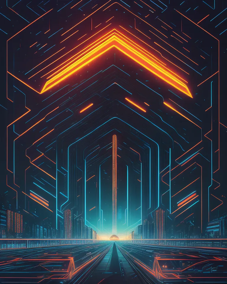 The image is a digital painting of a futuristic city. The city is depicted as a series of tall buildings and skyscrapers, all of which are lit up by bright neon lights and electronic billboards. The colors of the lights are primarily blue and orange. The image has a very retro, 1980s feel to it.